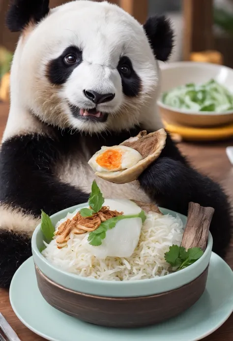 Capture the heartwarming moment of a giant fluffy panda seated at a indian restaurant table, crowded restaurant, savoring a plate of nasi lemak, fried chicken, and a glass of ice milo. The pandas face should light up with pure happiness and surprise, with ...