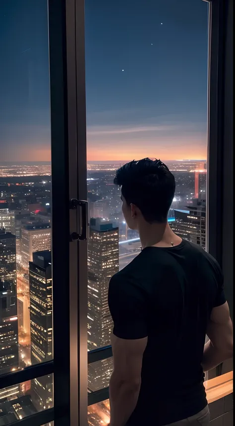 A tall guy standing inside the building, night city view, beautiful view, tall muscular guy, short hair, black hair, back view, tshirt