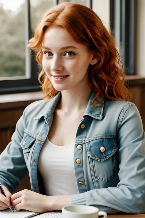 1girl in, age19, Solo, Aesthetic artwork, irish  redhead, curly ginger hair, shoulder length ginger hair, gray eyes, light grey eyes, some small freckles, pale skin, A-cup, small breasts, runners body, detailed skin texture, cute smile, sitting at a table,...