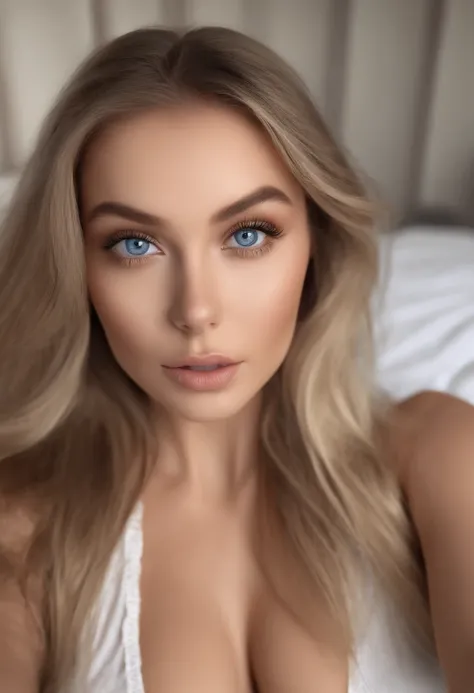 arafed woman fully , sexy girl with blue eyes, ultra realistic, meticulously detailed, portrait sophie mudd, blonde hair and large eyes, selfie of a young woman, bedroom eyes, violet myers, without makeup, natural makeup, looking directly at the camera, fa...