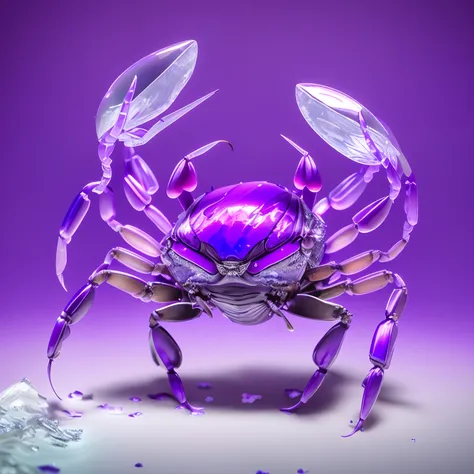 Purple crab with purple shell on its back, anthropomorphic crab, author：Adam Maczynski, Purple bioluminescence, award winning macro photography, Ultraviolet photography, made of liquid purple metal, crabcore, crustacean, depicted as a 3 d render, ultra rea...