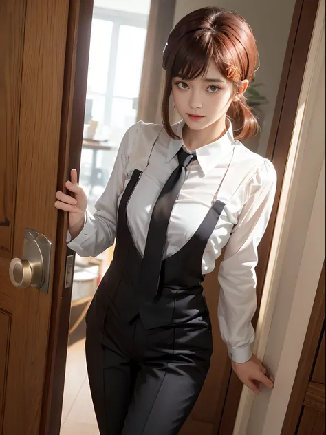 tmasterpiece，best qualtiy，ultra - detailed，illustratio，epic lighting，cinematic compositions，isometry，1girll，独奏，adolable，with brown eye，Black color hair，sweeping bangs，single hair，red hair clips，blouse with a white collar，black necktie，Black pantsuit，formal...