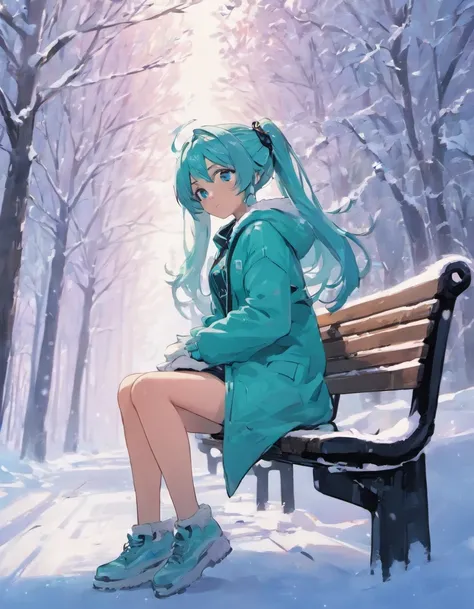 Hatsune Miku Winter Snow Cold Looks Sitting on a bench Stylish telephone pole next to him Wearing gloves