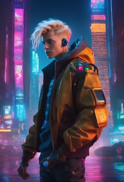 Boy with blond hair and big blue eyes on the background of the world of tomorrow, Driven by Artificial Intelligence, in a very realistic 8K photo