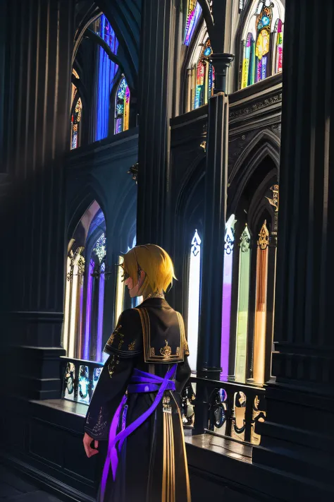 Ambiente realista de uma catedral escura, com luzes passando por vitrais coloridos. Ao centro, From behind he saw a yellow-haired musician