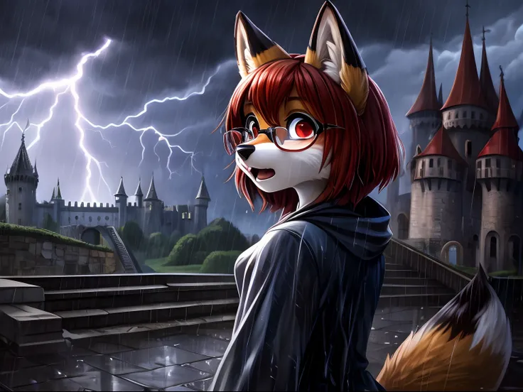 Young fox furry girl with short red hair, beautiful red eyes, wearing glasses, standing in front a flight of stairs, startled,  looking up at the castle, with haunted castle in the background, while a thunderstorm rages, she is soaked by the rain, facing a...