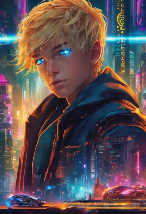 Face of a boy with blue eyes and blond hair, against the background of the World of Tomorrow, Driven by Artificial Intelligence, in a very realistic 8K photo