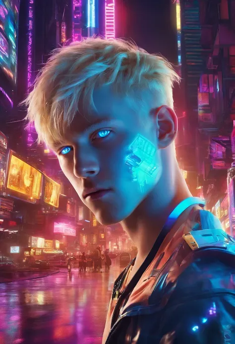 Face of a boy with blue eyes and blond hair, against the background of the World of Tomorrow, Driven by Artificial Intelligence, in a very realistic 8K photo