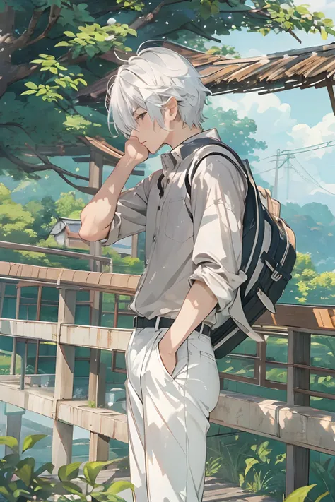 Very beautiful boy、silber hair、country scenery、White Cutter Shirt、half-pants、Studio Ghibli、hight resolution、