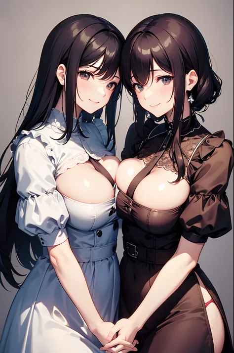 2 big-breasted twin mature women are close together, pressing their chests against each other, facing the camera and smiling. They are wearing maid clothes. Their hands are clasped together.