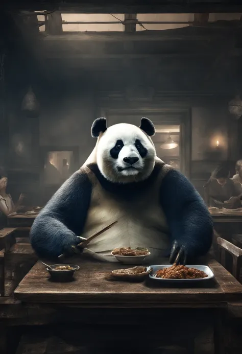 Capture the heartwarming moment of a giant fluffy panda in blue office suits seated at a old bad restaurant table, crowded restaurant, old vintage bd restaurant, people staring at him, savoring a plate of nasi lemak, fried chicken, and a glass of ice milo....