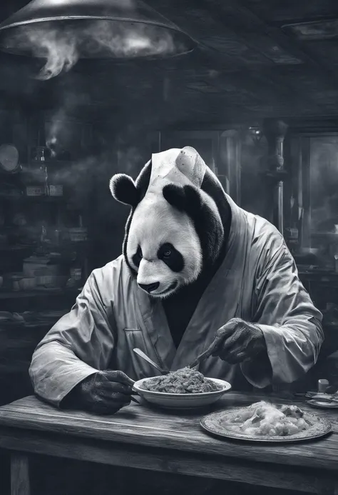 Capture the heartwarming moment of a giant fluffy panda in blue office suits seated at a old bad restaurant table, crowded restaurant, old vintage bd restaurant, people staring at him, savoring a plate of nasi lemak, fried chicken, and a glass of ice milo....