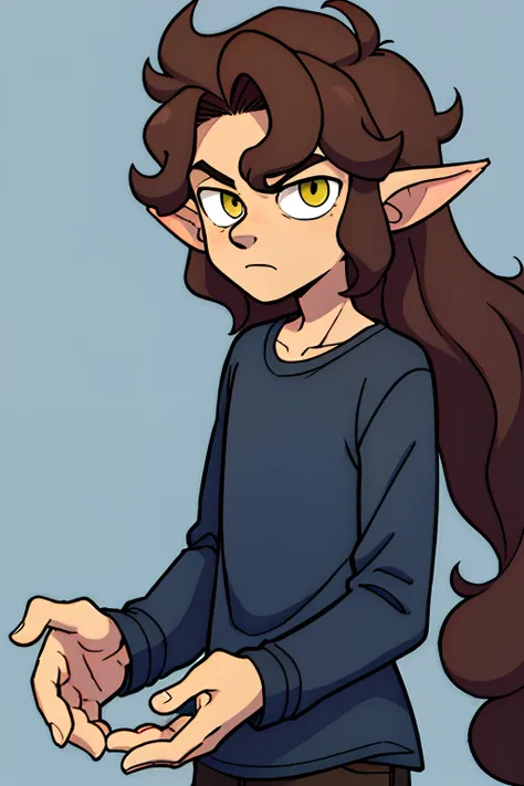 solo, Tall skinny boy, feminine guy, dark brown curly long hair, poofy curly brown hair, black tshirt navy blue long sleeves, clear brown eys, very dark brown hair, blank shirt, werewolf ears on his head, brown wolf ears boy, supernatural comic style, anim...