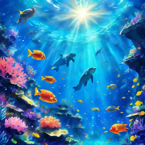 Deep in the ocean, there is a dark blue underwater world. Coral reefs are inhabited by colorful marine life. A group of swimming turtles and tropical fish show brilliant colors through the penetration of sunlight. Big Scene, Lots of detail. Lots of detail,...