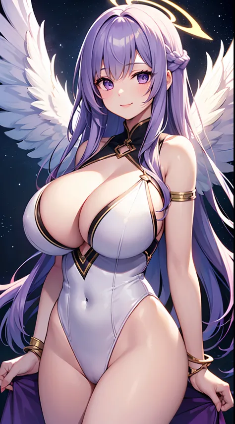 1 girl, game CG, 1 girl, game CG, white leotard, cleavage visible, angel halo, angel wings, bangles, gigantic breasts, light purple hair, long hair, french braid, purple eyes, stars, night, smile, dynamic ,