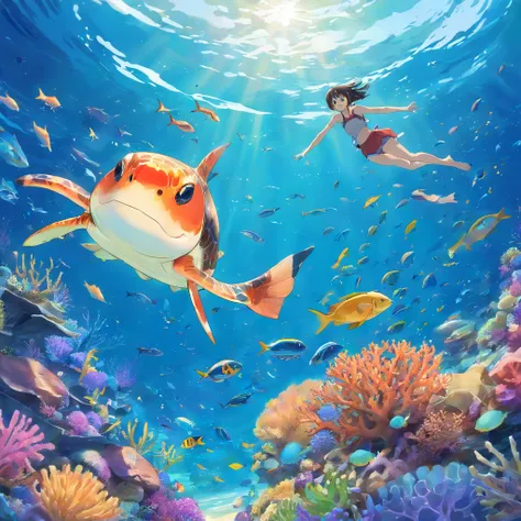 Deep in the ocean, There is a deep blue underwater world. Coral reefs are home to a wide variety of marine life. A school of swimming turtles and tropical fish take on brilliant colors in the sunlight. Big Scene, Lots of detail. Lots of detail, Lots of det...