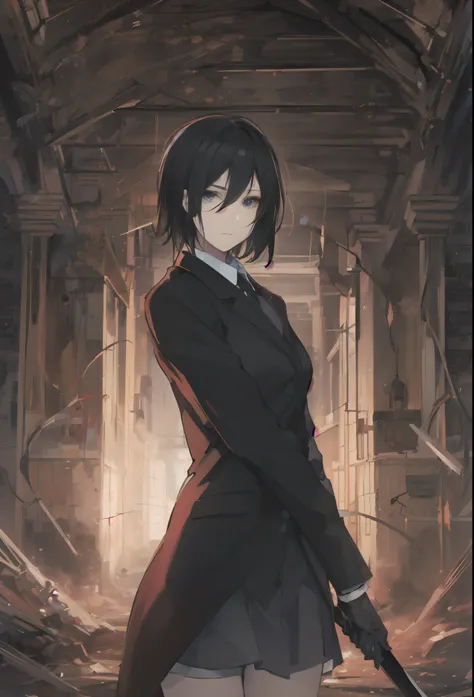 Mikasa Ackerman, with long black hair, Dressed in an elegant black suit, Walking through an abandoned house with the tip of a sword, super detailed image, Manga style, Full-HD、Zito-order