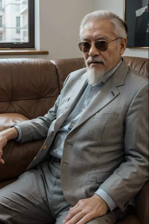 An 80-year-old Chinese man，White beard，With sunglasses，Successful people，Wear a suit，full bodyesbian，sitting in the couch，Elegant posture，Look straight ahead of the screen，ssmile，Mouth open，Talking，The house is gorgeously decorated，Realistic details