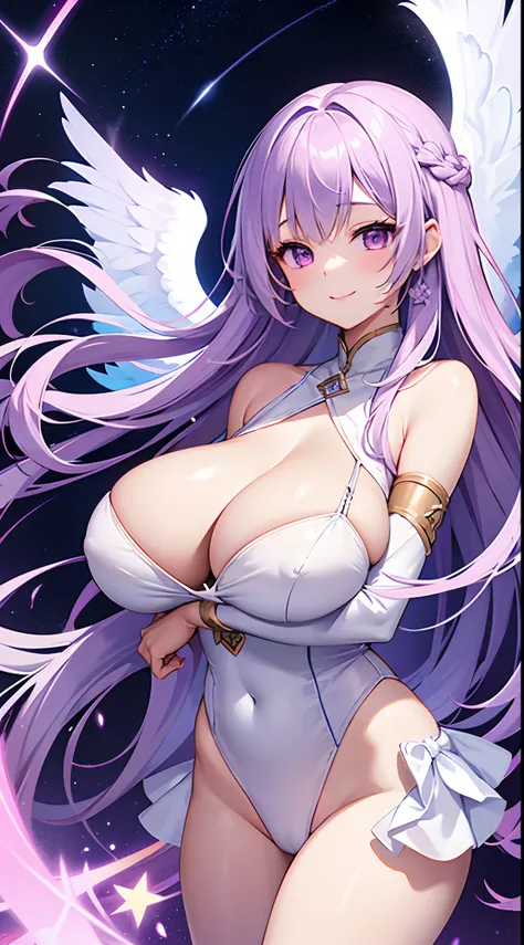 1 girl, game CG, 1 girl, game CG, white leotard, cleavage visible, angel halo, angel wings, bangles, gigantic breasts, light purple hair, long hair, french braid, purple eyes, stars, night, smile, dynamic ,