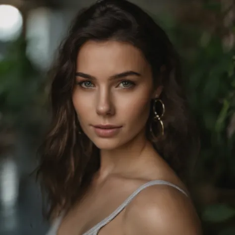 arafed woman with a white tank top and a necklace in club, sexy girl with green eyes, portrait sophie mudd, brown hair and large eyes, selfie of a young woman, bedroom eyes, violet myers, without makeup, natural makeup, looking directly at the camera, face...