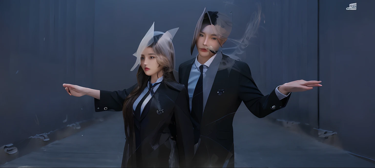 3D face black suits of two people, woman and man