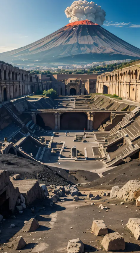 Vesuvius Volcano:  city of Pompeii (at the foot of Vesuvius) buried under meters of ash and pumice stone after the eruption of Vesuvius in 79 BC (16K, HDR, highly quality,, Super Detailed High Resolution)