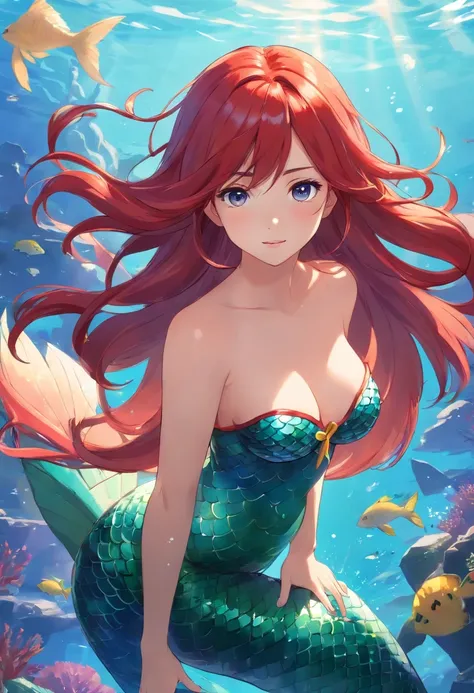 mermaid, red hair, long hair, strapless top, large breasts