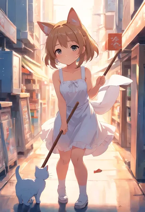 Anime cat-eared girl in white dress, sweep，Cleaning with a broom，loli in dress,Sleeveless， small curvy loli, artwork in the style of guweiz, guweiz on pixiv artstation, guweiz on artstation pixiv, guweiz, small loli girl, soft anime illustration, Anime vis...