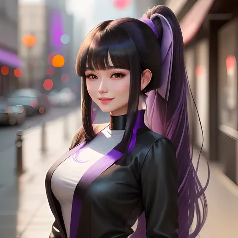 Long black hair woman with ponytail and violet highlights with asian bangs, vestida formalmente, sonrisa tierna y de gran busto y cadera, ojos violetas y de una hermosa piel blanca con labial rosado en sus labios