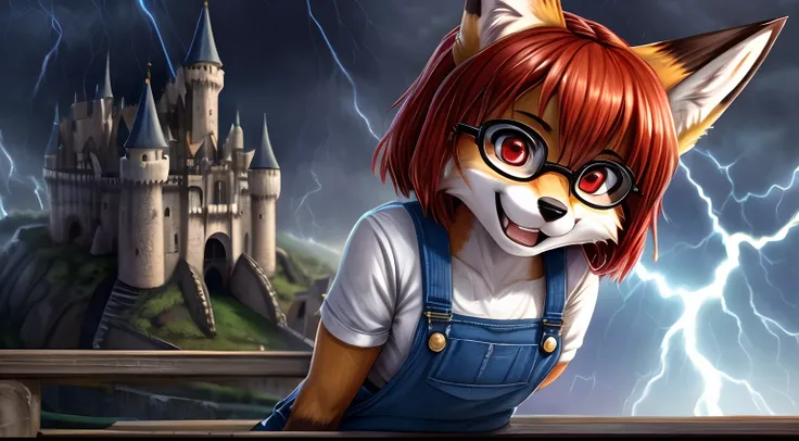 Young fox furry girl with short red hair, beautiful red eyes, wearing glasses, wearing overalls and a top,  standing on a draw bridge, hands hips, bending sightly over, smiling with teeth  looking up at the castle, with haunted castle in the background, wh...