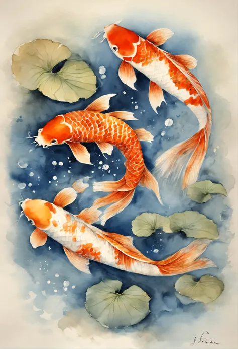 best quality, Meisterwerk, (9 Koi Fische: 1,5), Stil von Hokusai, Ukiyoe-Malerei ying yang pattern