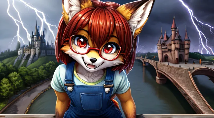 Young fox furry girl with short red hair, beautiful red eyes, wearing glasses, wearing overalls and a top,  standing on a draw bridge, hands on her hips, bending sightly over, smiling with teeth  looking up at the castle, with haunted castle in the backgro...