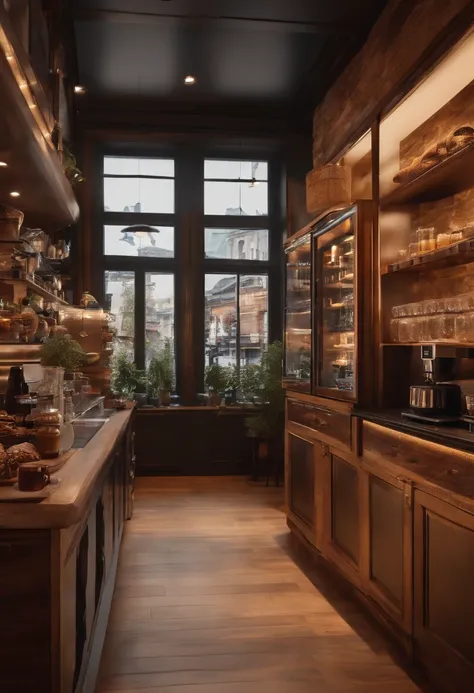 Coffee shop，Gorgeous renovation，refrigerator，cupboard，Wide scene，in a panoramic view，From the outside, hyper HD, High details