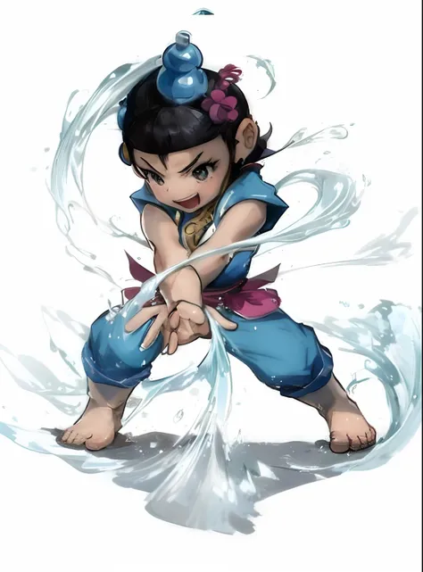 Close-up of cartoon characters with taps, Hulu baby water ink Chinese style cartoon cute Q version big eyes Asian female water element, chun - li, Chun- li, chun li, Akira in Chinese mythology, Harduken, water elemental, water fists of fury, splashcreen ch...