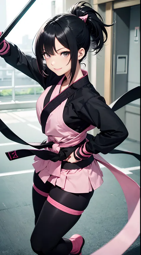 masutepiece, 8K best image quality, 8K ultra-high resolution, (Cute slender woman in anime style),　A big smile、 sixteen years old、(Eyes, Beautiful eyes:1.2), (hairstyle on, black dull bangs:1.2), （The hair、Short ponytail:1.2）、(shuriken)、(Judogi、pink there:...