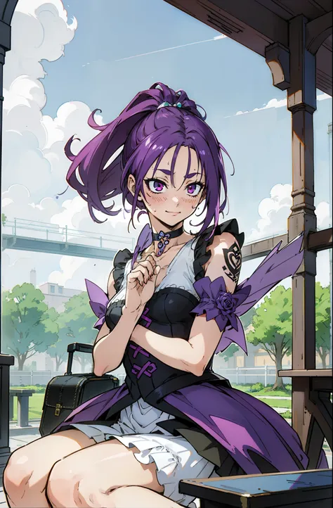 Colorful, Up-close, purple color  hair, Ultra-realistic hair quality, Vibrant colors, Young Girl, 14years old girl, Beautiful long hair, Shiny hair, detailed hairs, Hair Ribbon, Single-sided up, Reo Mikage, Blue Lock, no sleeves, Sleeveless, Open shoulders...