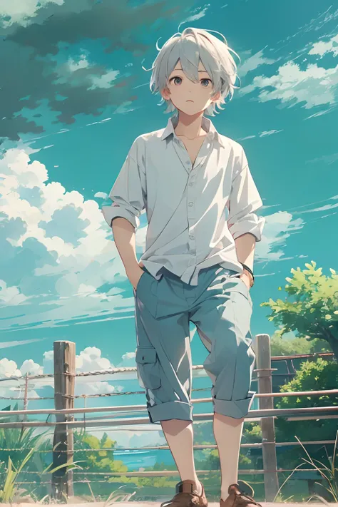 Very beautiful boy、silber hair、country scenery、White cutter shirt、half-pants、Natural lighting、Studio Ghibli、blue-sky、hight resolution、best quality,