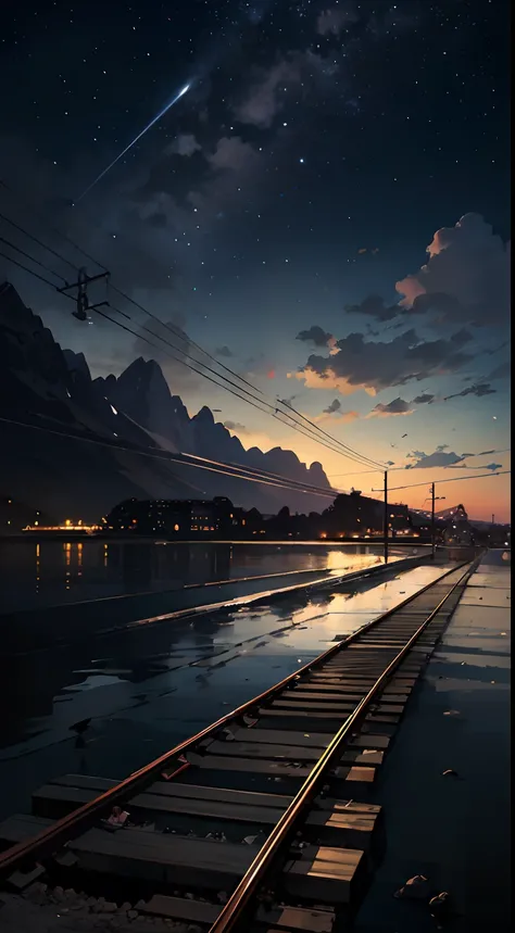 High quality masterpiece, landscape, anime train passing through bodies of water on tracks, bright starry sky. Romantic train, pixiv, concept art, lofi art style, reflection. by Makoto Shinkai, lofi art, Beautiful anime scene, Anime landscape, detailed sce...