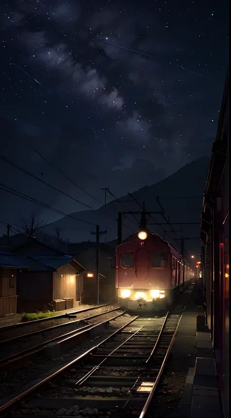 High quality masterpiece, landscape, anime train passing through bodies of water on tracks, bright starry sky. Romantic train, pixiv, concept art, lofi art style, reflection. by Makoto Shinkai, lofi art, Beautiful anime scene, Anime landscape, detailed sce...