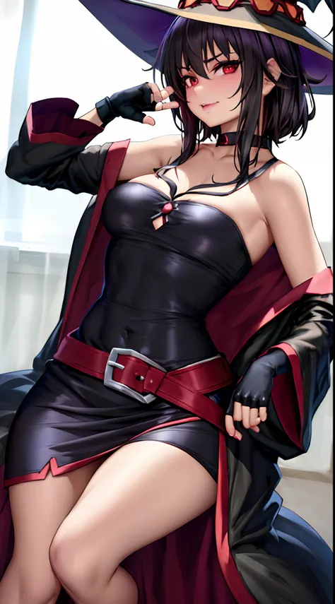 neoartcore, megumin, 1girl, bare shoulders, black cape, black gloves, black hair, blush, cape, choker, collarbone, dress, fingerless gloves, gloves, hair between eyes, hat, long sleeves, looking at viewer, medium hair, off-shoulder dress, off shoulder, red...