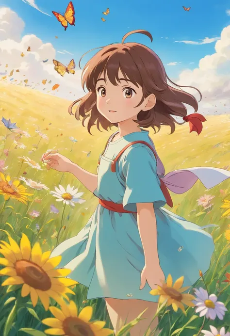 High Detail, Ultra Detail, 8K, Ultra High Resolution A cute and innocent girl, child, toddler, enjoying her time in the open field, surrounded by the beauty of nature, warm sun sprinkling on her, wildflowers gently swaying in the breeze. Butterflies and bi...