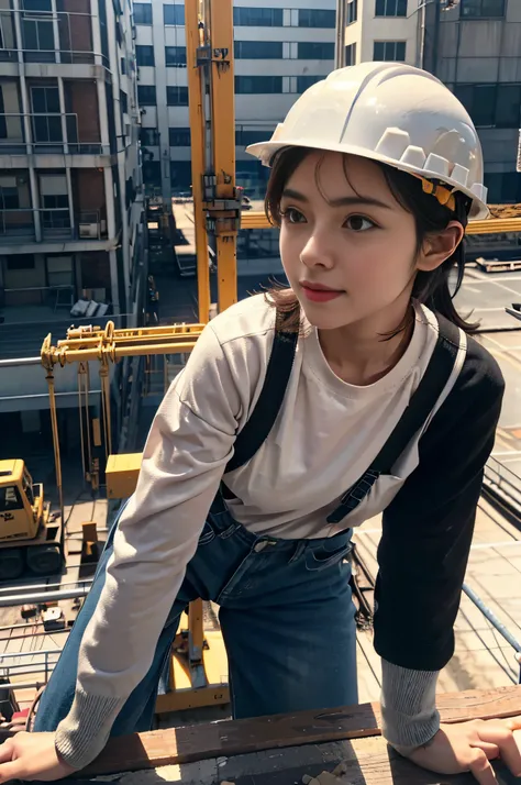 1 constructor woman, cute, assembling scaffolding at a construction site, climbing to a high place, close up