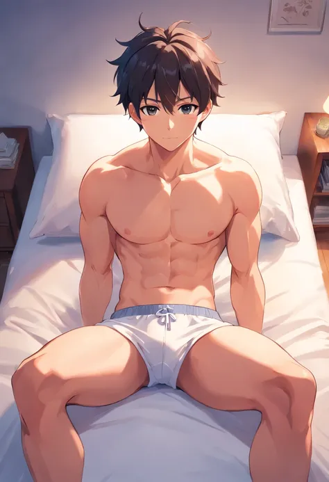 Satoru Gojo, buff, looking a viewer,, musculature , Exercise, Lie down in bed，of a shirtless，White briefs