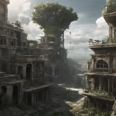 Floating ruins, decaying cities and earth in the sky, Once formed a prosperous city, But buildings made of stone and wood have deteriorated，And dominated by the vitality of plants and trees。. Collapsed and collapsed buildings, Collapsed roofs, Ancient ruin...