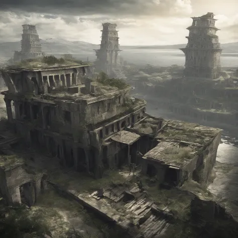 Floating ruins, decaying cities and earth in the sky, Once formed a prosperous city, But buildings made of stone and wood have deteriorated，And dominated by the vitality of plants and trees。. Collapsed and collapsed buildings, Collapsed roofs, Ancient ruin...