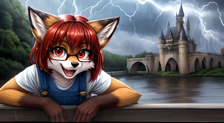 Young fox furry girl with short red hair, beautiful red eyes, wearing glasses, wearing overalls and a top, on a draw bridge, leaning over the railing, kissy mouth, with haunted castle in the background, while a thunderstorm rages, rain falling, wet clothes...