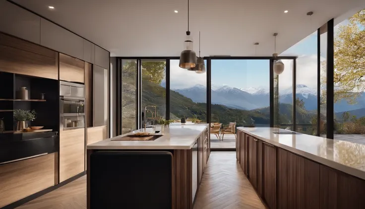 Resourt near mountain ，Gorgeous renovation，refrigerator，cupboard，Wide scene，in a panoramic view，From the outside, hyper HD, High details