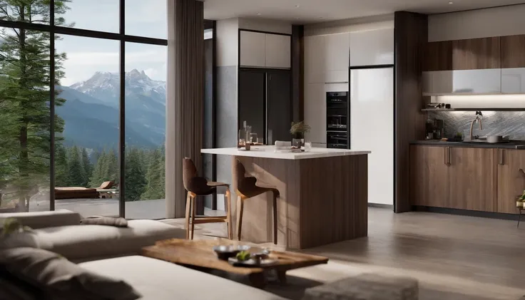 Resourt near mountain ，Gorgeous renovation，refrigerator，cupboard，Wide scene，in a panoramic view，From the outside, hyper HD, High details