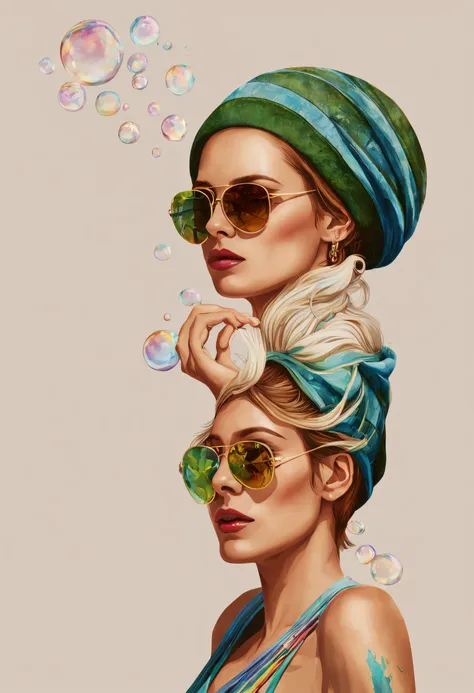 women in hippie fashion、solo、making soap bubbles、wearing sunglasses、paint splashes、splatter、outrun、vaporware、flat illustration o...