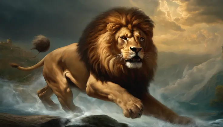 create a painting of Zeus fighting a lion showing his power